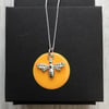 Sale now 12.00 - Mustard Yellow Enamel Disc Sterling Silver Bee necklace