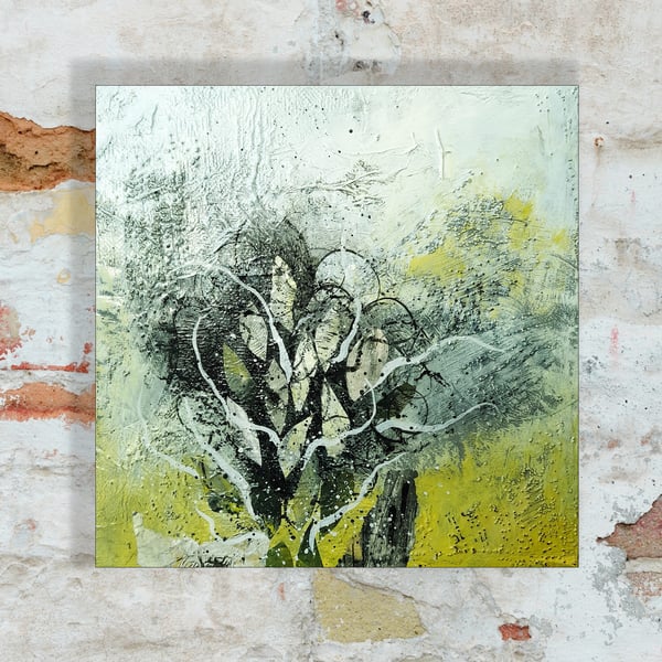 Expressive Abstract Art Textured Plants Leaves Acrylic & Collage Square Artwork
