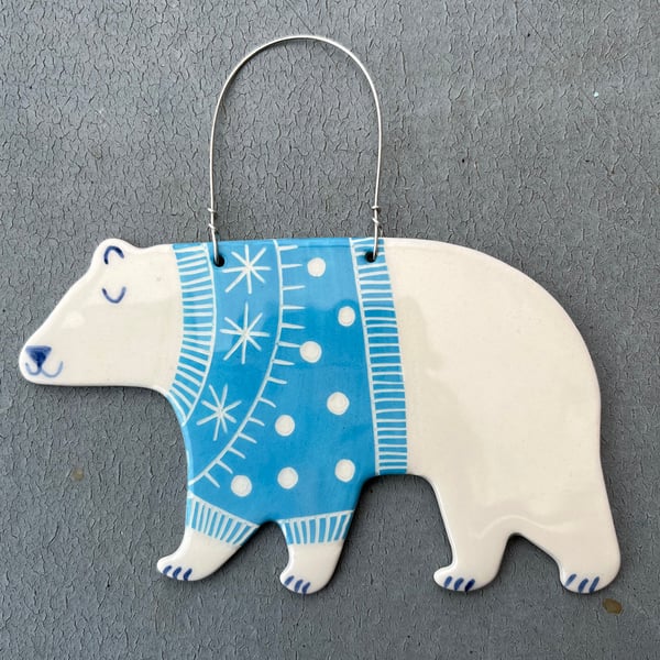Ceramic Polar Bear with turquoise jumper  Decoration