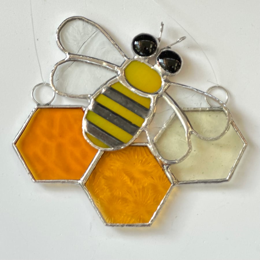 Stained Glass Small Honeycomb and Bee Suncatcher - Handmade Window Decoration 