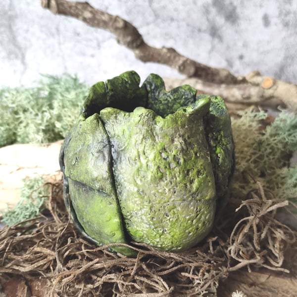 Seed Pod Sculpture, Mossy Stone Clay Vessel, Hand Built Wabi Sabi Decor