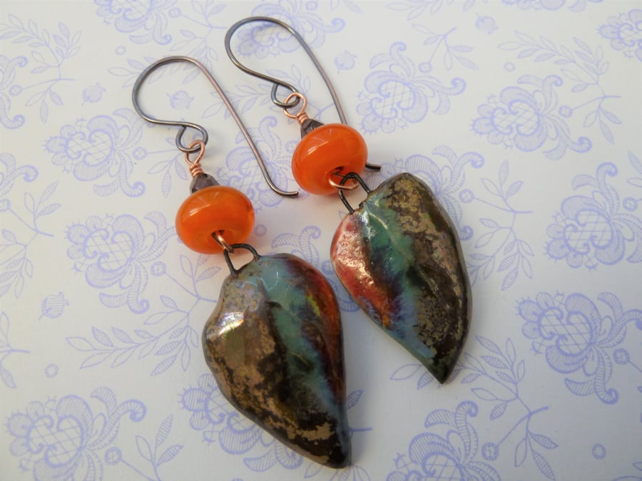 handmade copper, lampwork and ceramic orange leaf earrings