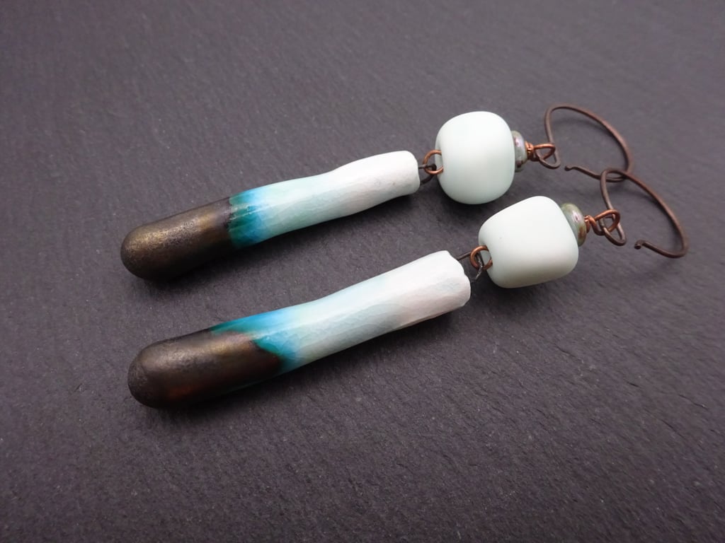 pale green lampwork glass and ceramic earrings