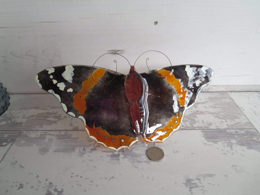 Red Admiral Butterfly Wall Hanging - Fused Glass - Home Decor - Art