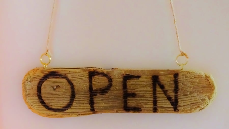 SHOP DOOR SIGN OPEN & CLOSED LETTERS BURNT INTO CORNISH DRIFTWOOD 