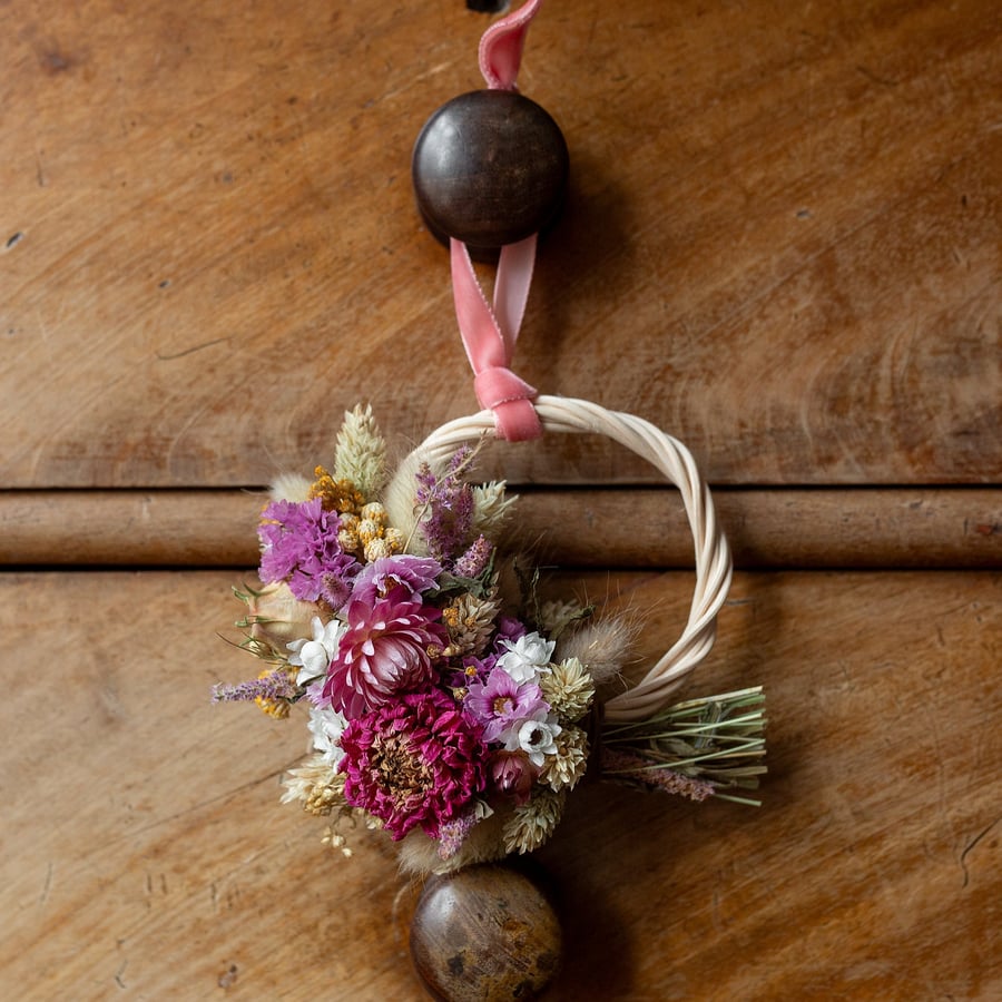 Mini dried flower pink wreath hanging