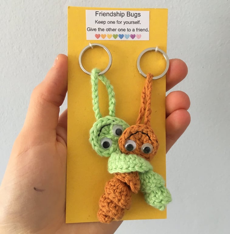 Crochet Worry Worm Friendship Bug Keyring, Friendship Gift, Orange And Green 