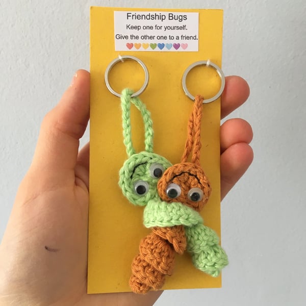 Crochet Worry Worm Friendship Bug Keyring, Friendship Gift, Orange And Green 