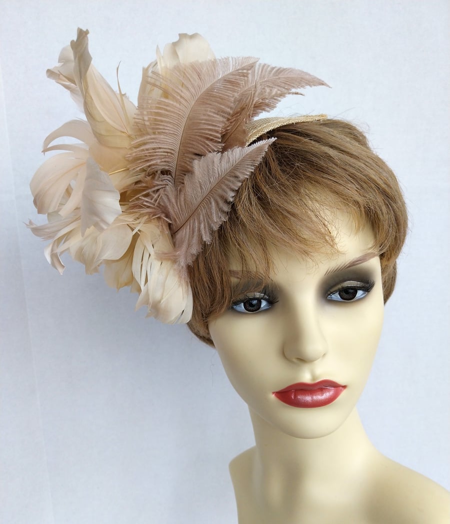 Gayle Gorgeous beige and cream feather flower fascinator
