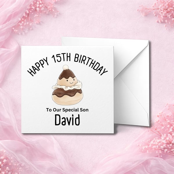 Personalised 15 Birthday Card, Cute Design, Custom Name, Son Daughter Kids Card