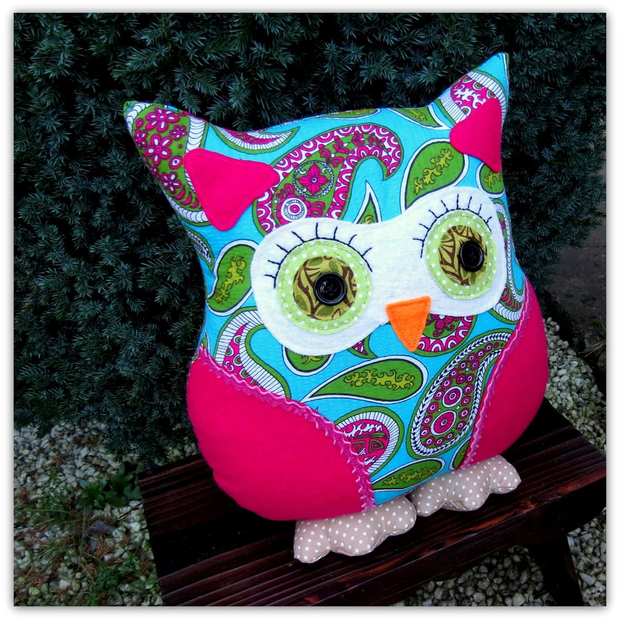 Paisley, a 36cm tall owl cushion.