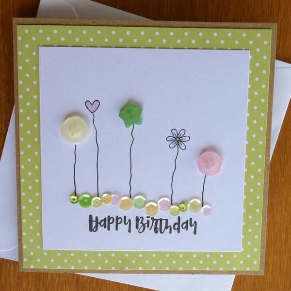 Birthday Card - Flowers, Hearts and Sequins - Kraft - Lemon, Pink and Green