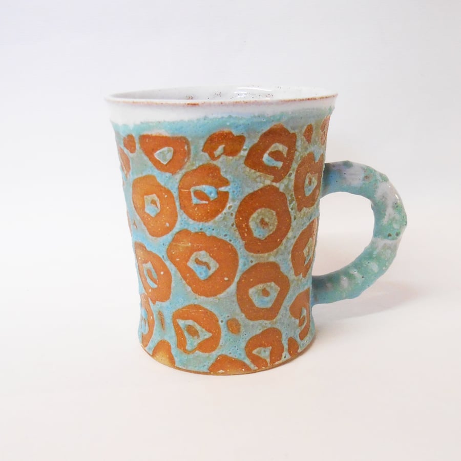  Mug Turquoise Blue and white with Textured spots Ceramic.