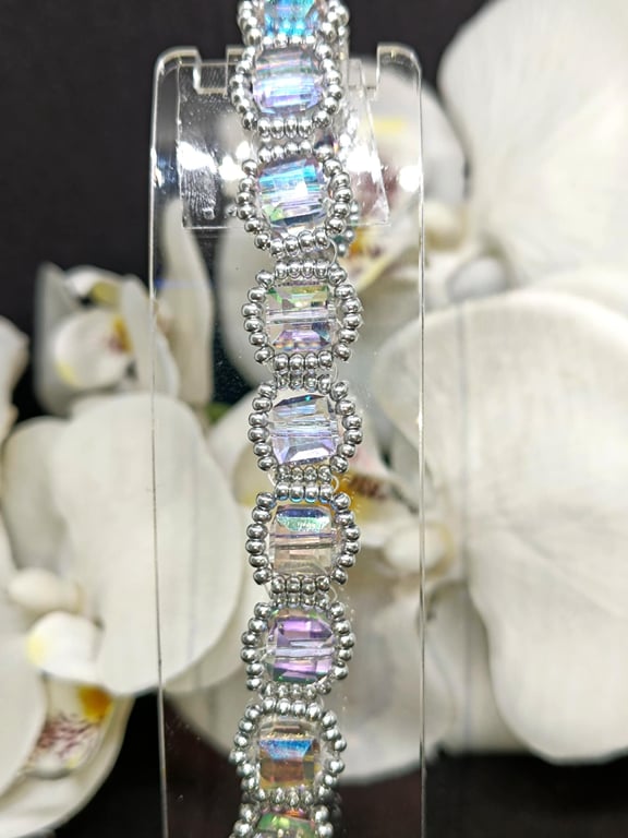 Handwoven Cuboid Crystal Bracelet  - Silver Seed Beads & Magnetic Clasp