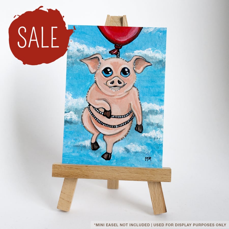 SALE - Original ACEO - Flying Pig with Red Balloon - Whimsical Animal Art