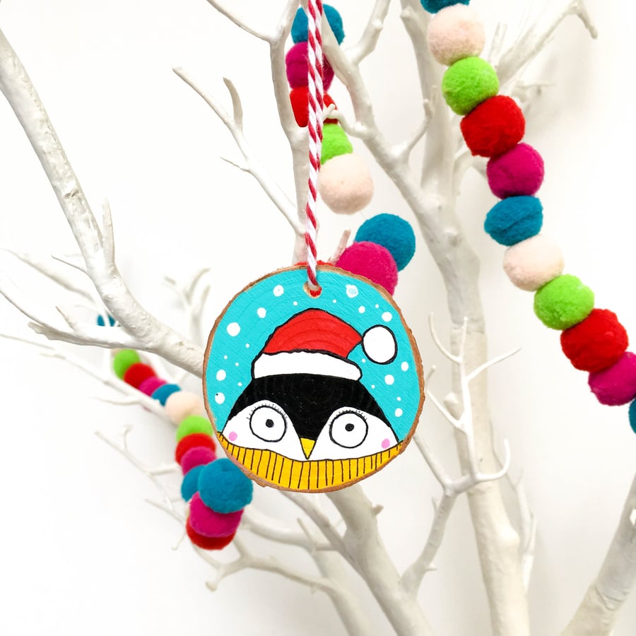 Festive Penguin handpainted wooden Christmas decoration