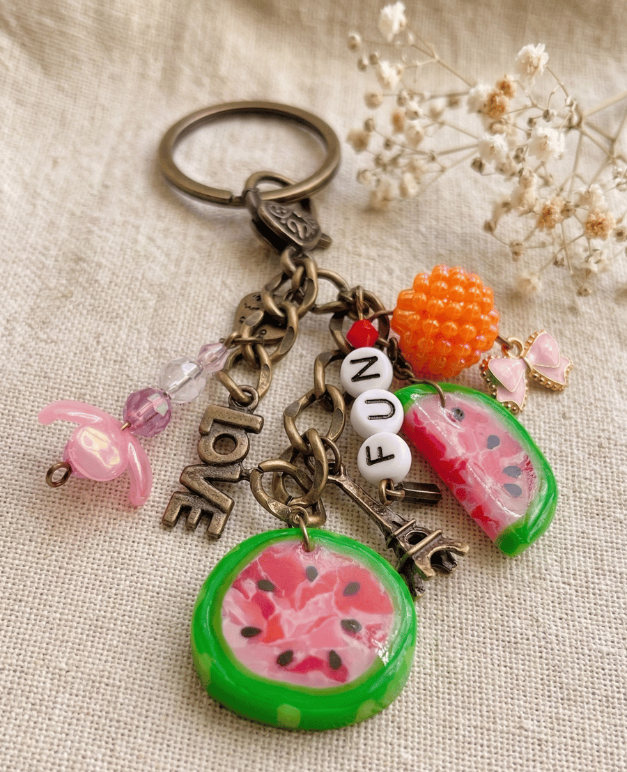 Watermelon Keyring Bag Charm, Handmade Summer Fruit Charm with Beads