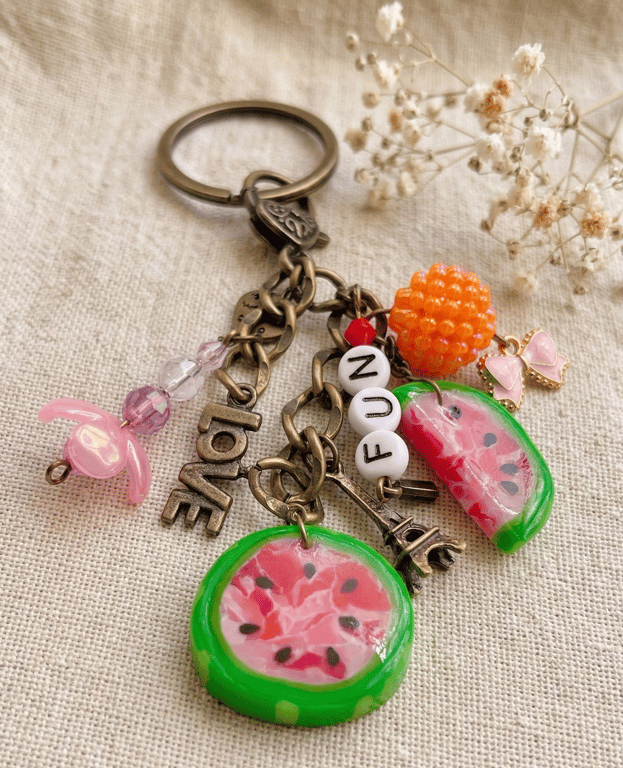 Watermelon Keyring Bag Charm, Handmade Summer Fruit Charm with Beads