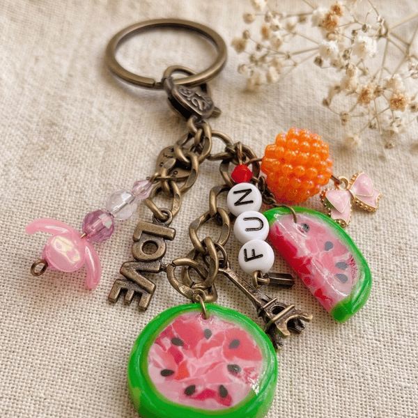 Watermelon Keyring Bag Charm, Handmade Summer Fruit Charm with Beads