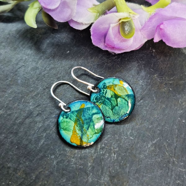 Abstract Colour enamel round drop earrings - green