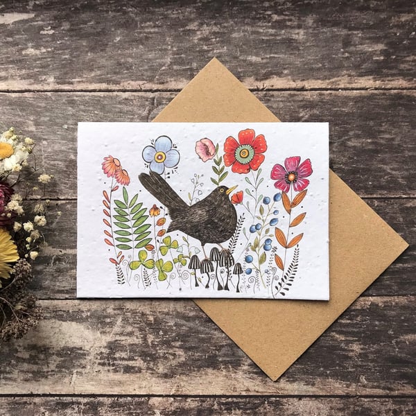 Plantable Seed Paper Birthday Card, Blank Inside, Black Bird greeting card