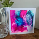 Original alcohol ink abstract art pink blue greetings card handpainted card