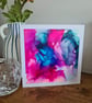 Original alcohol ink abstract art pink blue greetings card handpainted card