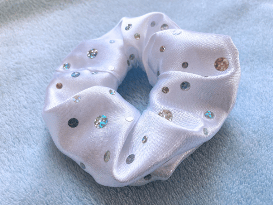 White satin hair scrunchie, disco sparkle, party accessories