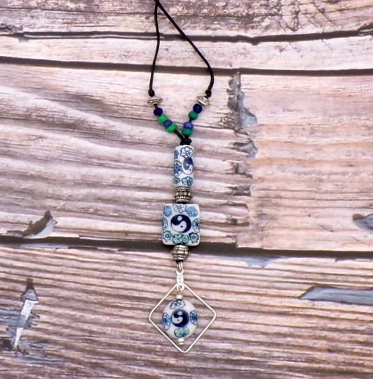 Ceramic Yin Yang Necklace Blue White Beads, 18 Inch Cord