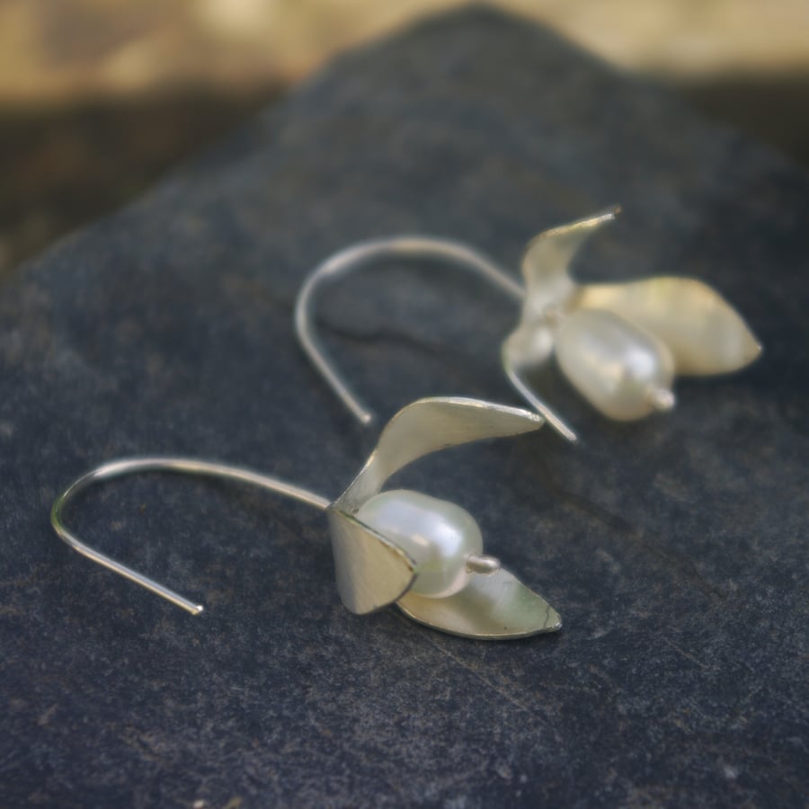 Silver Snowdrop Earrings  with Large Freshwater Pearl  