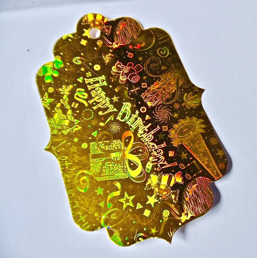 10 x  Extra Large Fancy Shape  Holographic Happy  Birthday Gift tags  
