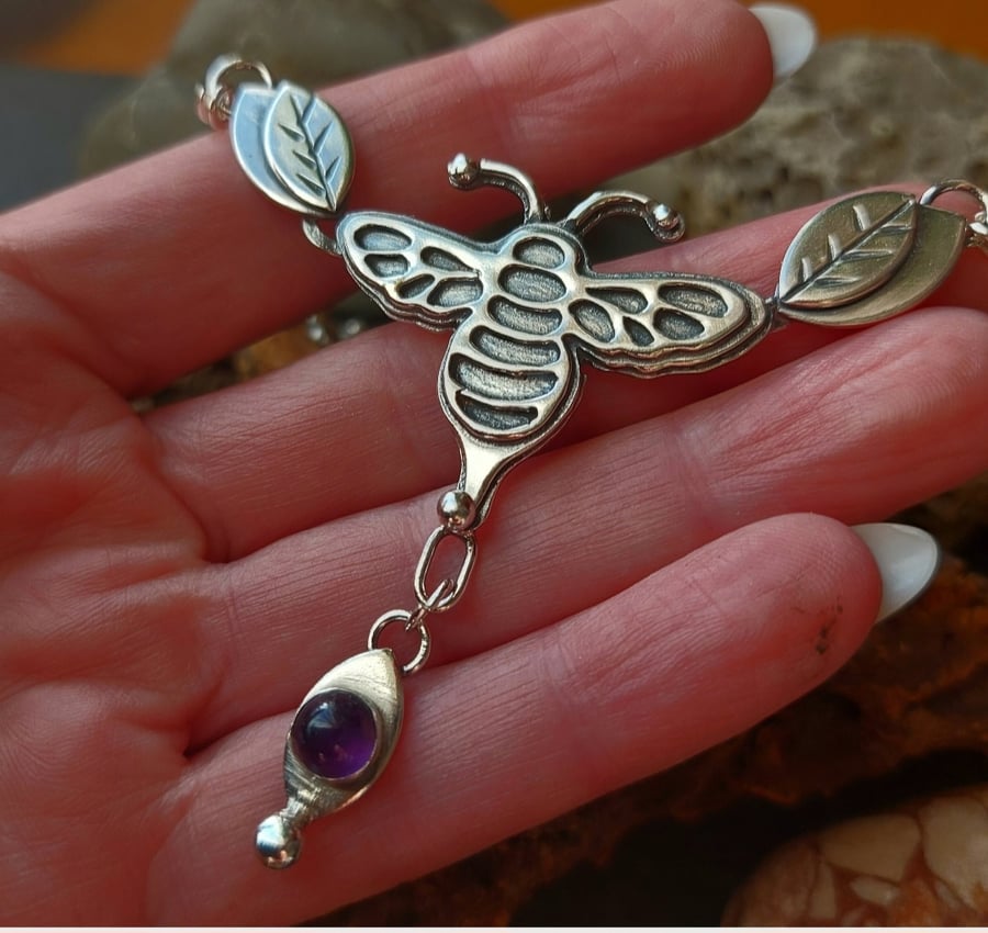 Silver bee statement necklace with amethyst drop , handsawn bee with gemstone 