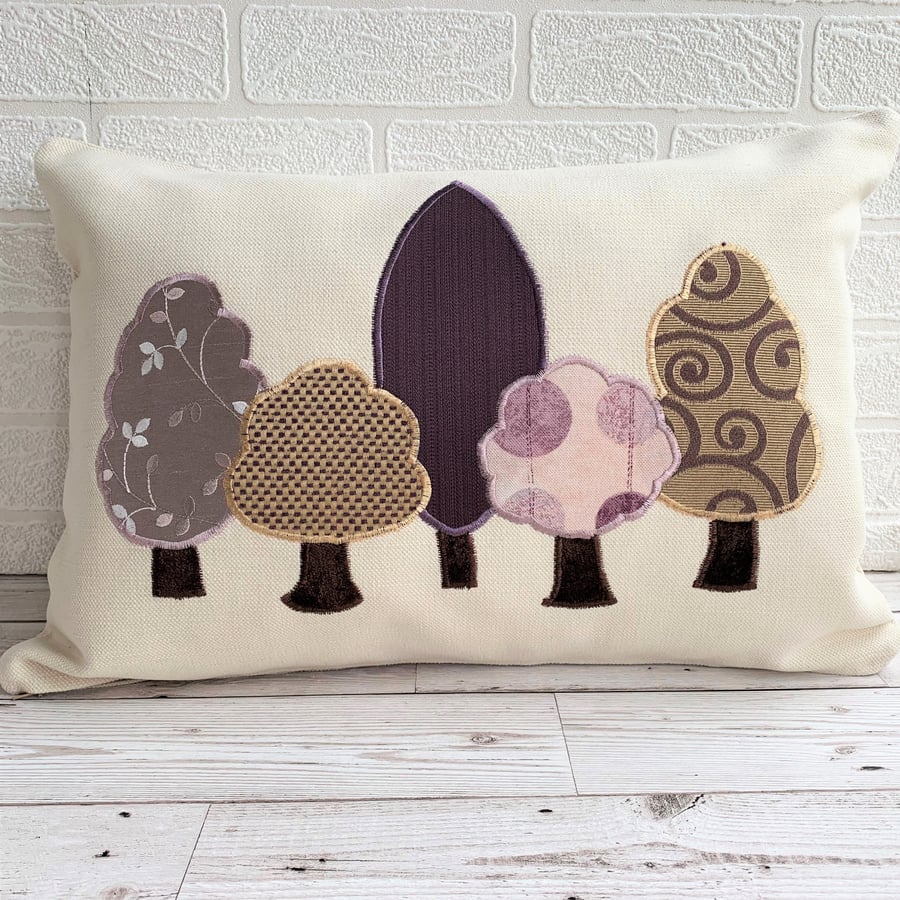 SOLD - Woodland trees cushion with purple and gold trees