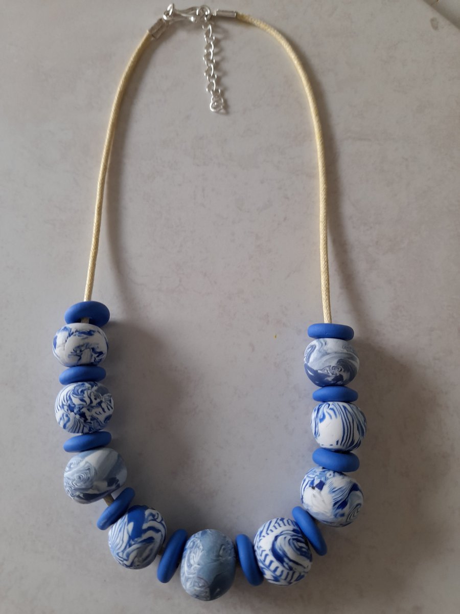 POLYMER CLAY BLUE MARBLE NECKLACE - FREE UK SHIPPING