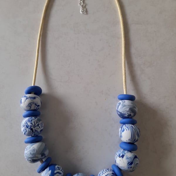 POLYMER CLAY BLUE MARBLE NECKLACE - FREE UK SHIPPING