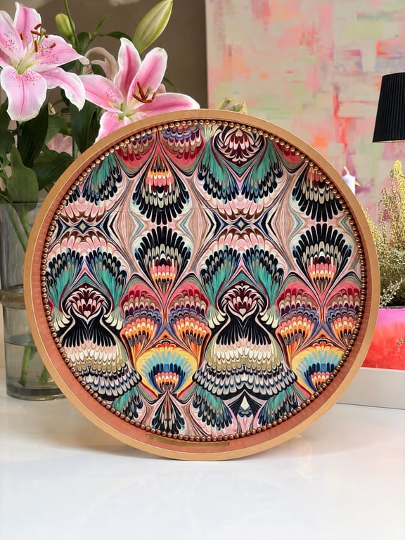  Decorative Round Tray with handles and brass Beaded interior 