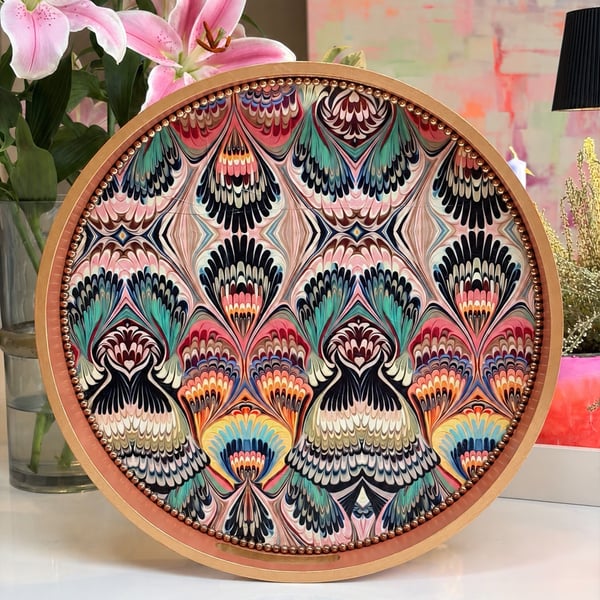  Decorative Round Tray with handles and brass Beaded interior 