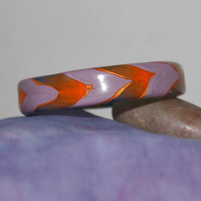 Golden Orange Chevrons Bangle - Handmade - Polymer Clay - Small Fit
