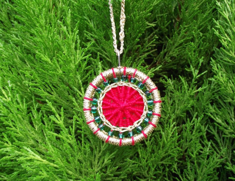 Christmas Tree Decoration, Dorset Button, Beaded, Red, Green, Gold