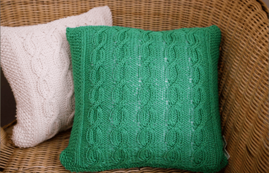 SALE Emerald green hand knitted Aran design cushion 14"x14