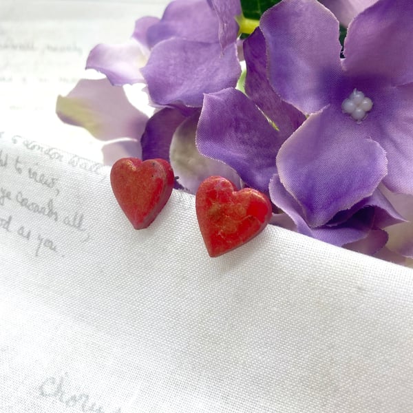 Mini heart wooden stud earrings in Red pink fire opal luster - Seconds Sunday