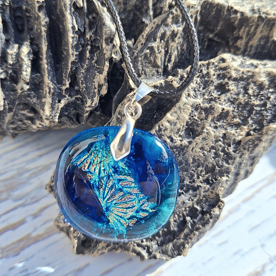 Handmade Blue Glass Pendant with a Flash of Rainbow Dichroic. Perfect Gift.  