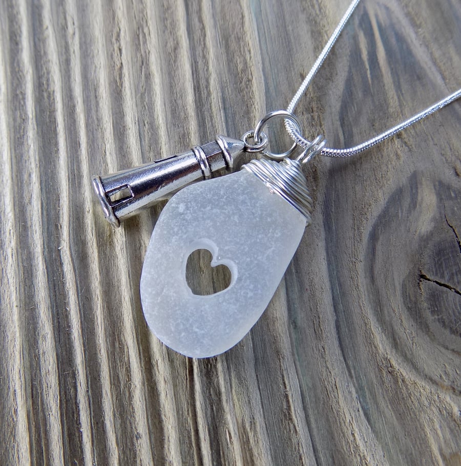 Natural sea glass drilled heart ,wrapped wire pendant