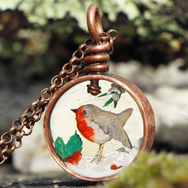 Copper Resin Robin Snow Mistletoe Holly Christmas Pendant Necklace 