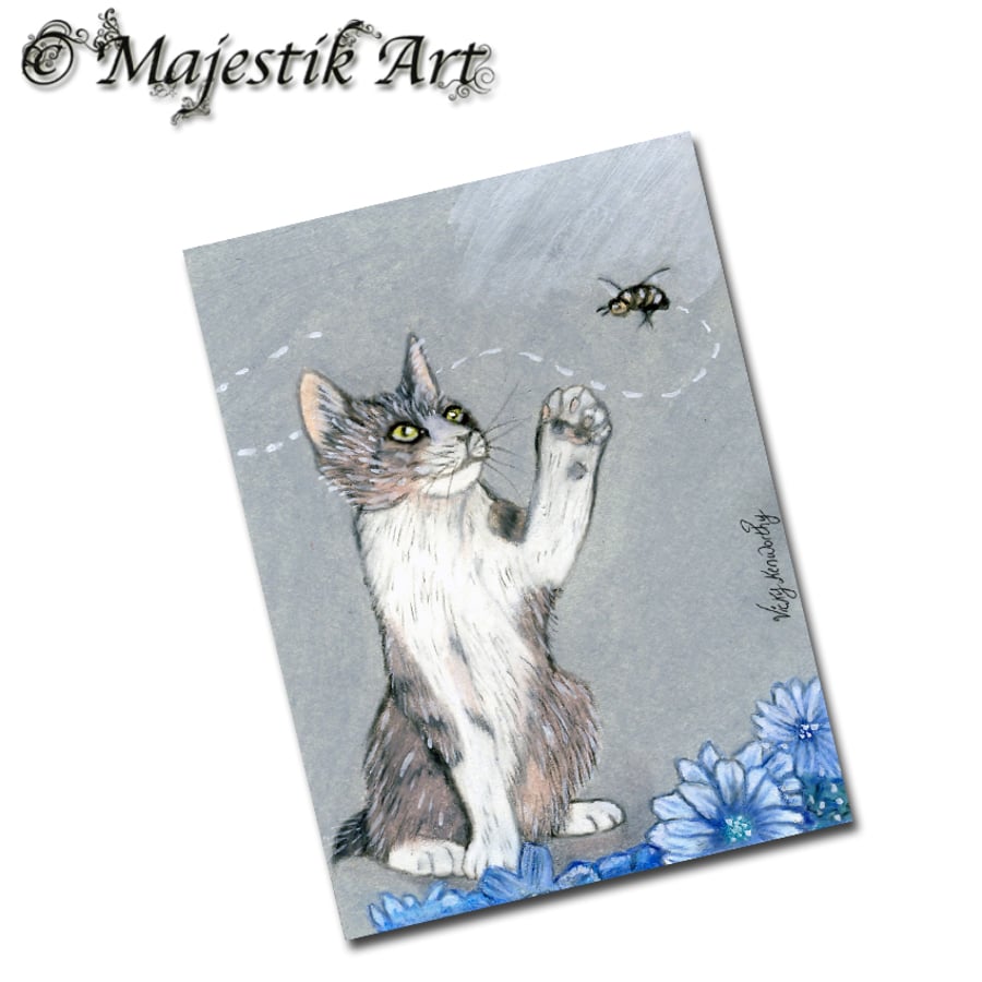 Archival ACEO Cat Print 'Bee still' By V Kenworthy