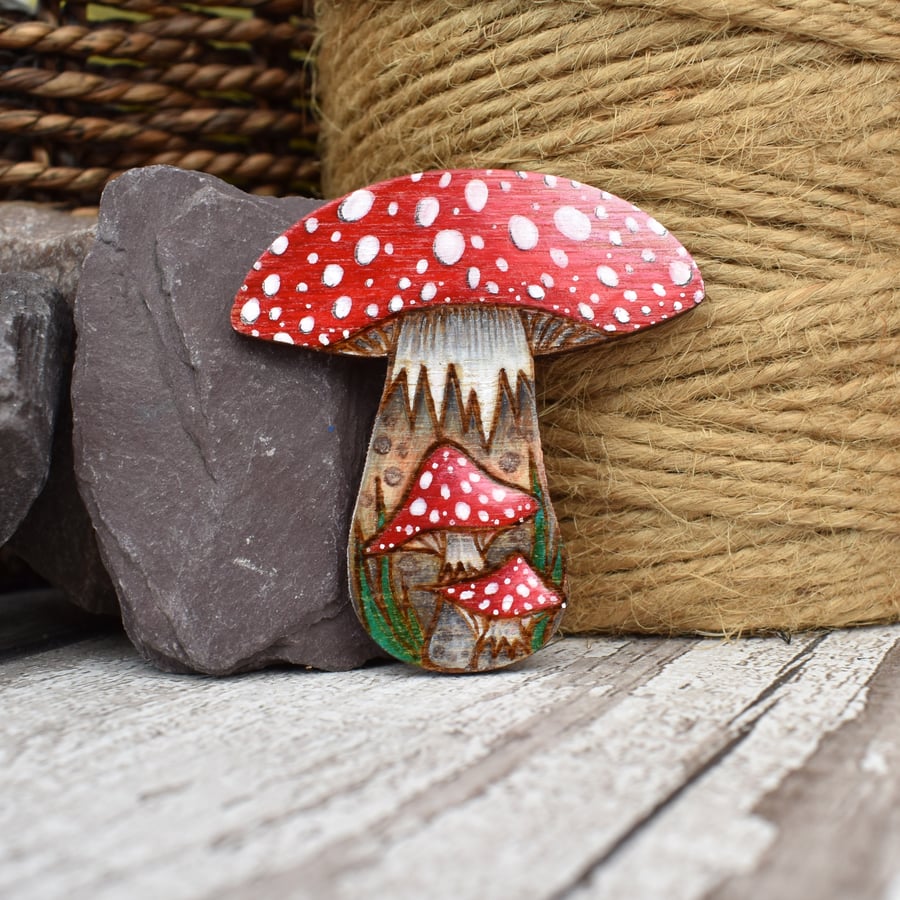 Red pyrography mushroom trio. Unusual toadstool brooch