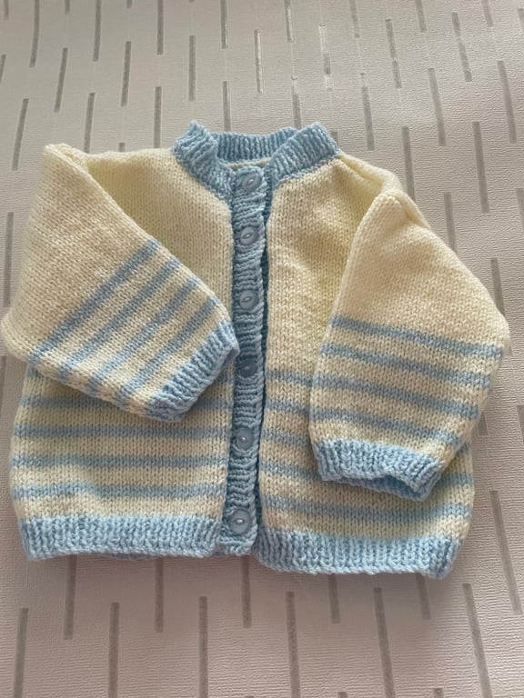 Sparkly cream baby cardigan with blue stripes