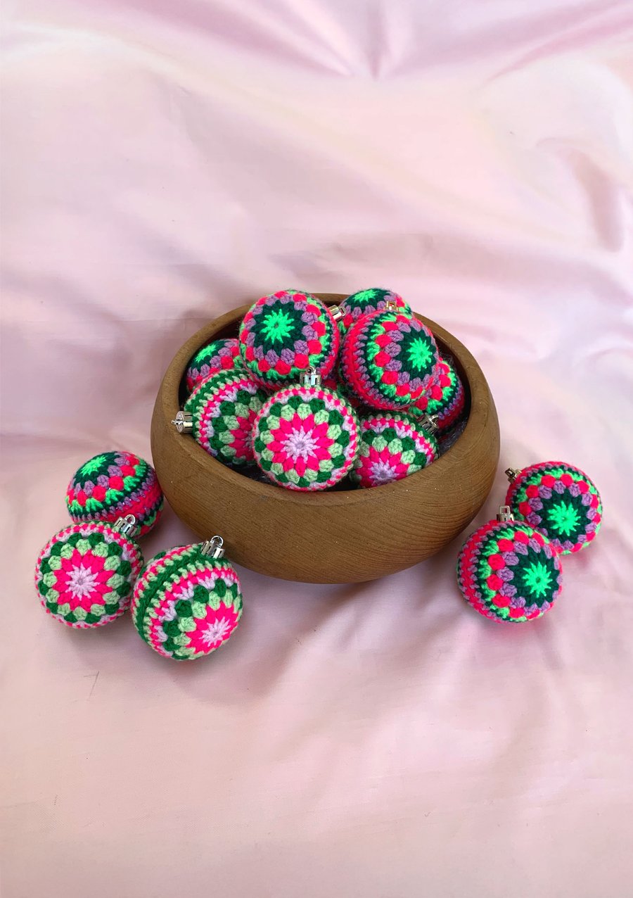 Handmade Bright Multicoloured Pink, Purple and Green Crochet Christmas Bauble