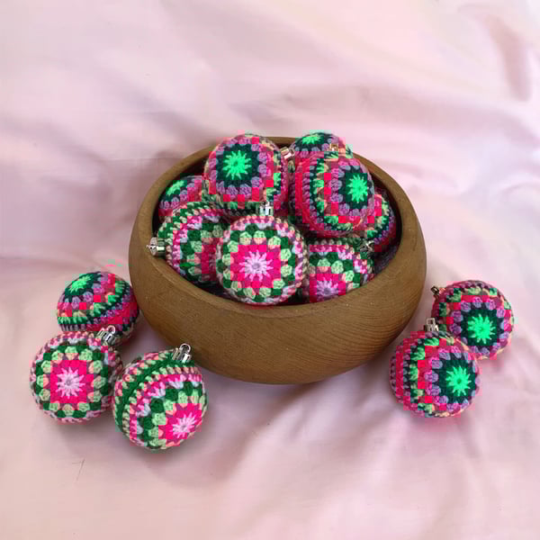 Handmade Bright Multicoloured Pink, Purple and Green Crochet Christmas Bauble