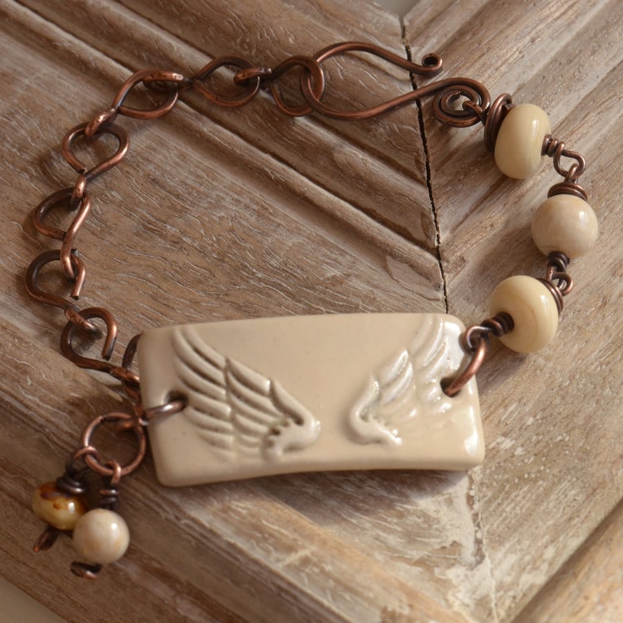 Cream Ceramic Wing Bar, Lampwork Glass, Creamstone & Copper Bracelet